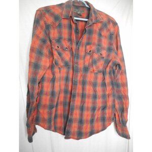 Size L red orange black Plaid long sleeve button front Shirt 100% cotton Decree